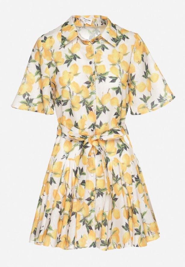 Beżowa Sukienka Koszulowa o Rozkloszowanym Kroju z Wiązanym Paskiem Laviliona