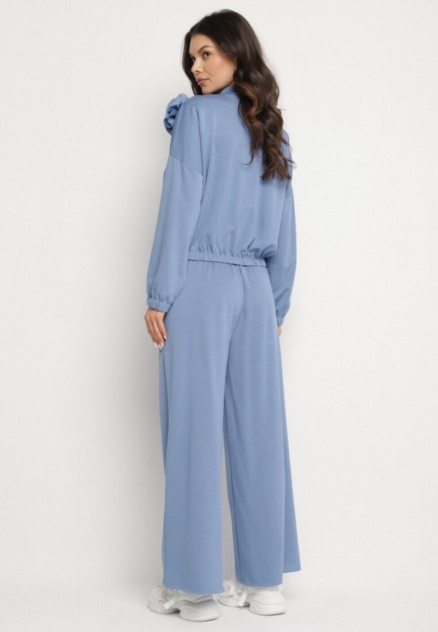 Niebieski Komplet Dresowy z Wiskozą Szerokie Spodnie i Bluza ze Stójką i Broszką Redasena