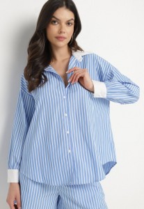 Niebieska Koszula w Paski o Kroju Oversize z Kontrastującymi Wstawkami Menestra