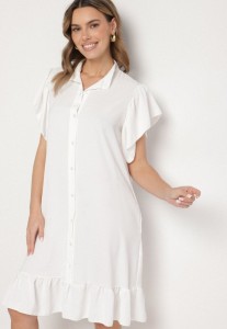 Biała Sukienka Koszulowa z Guzikami i Falbankami Tenalena