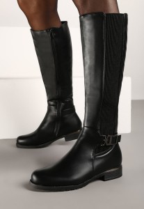 Czarne Płaskie Kozaki w Stylu Muszkieterek z Ozdobną Klamrą Annelis