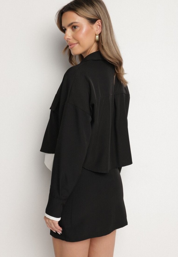 Czarny Komplet Koszula i Spódnica z Imitacją Kieszeni Zensedi