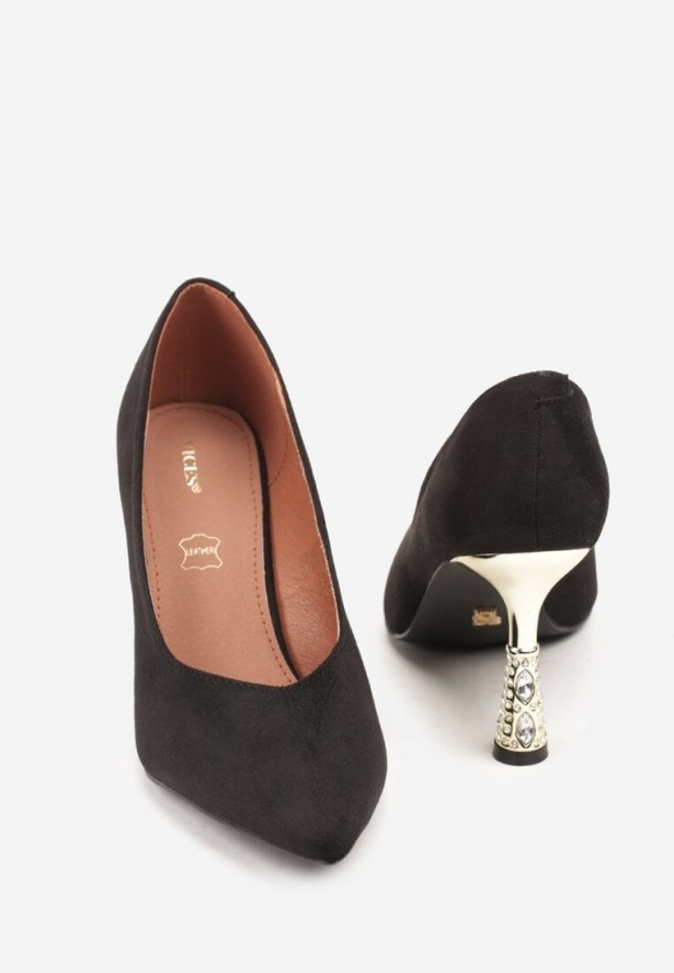 Czarne Szpilki Vices z Wkładką ze Skóry Naturalnej Ozdobione Cyrkoniami Gioriana