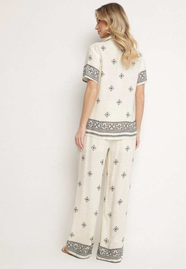 Jasnobeżowy Komplet z Wiskozy Bluzka z Krótkim Rękawem i Szerokie Spodnie Janavielle
