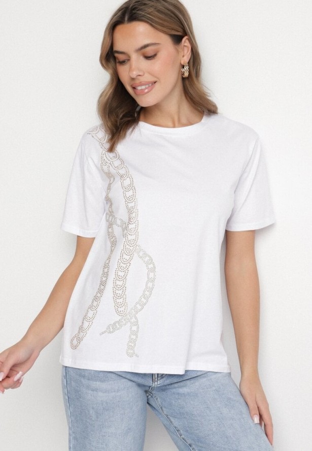 Biały T-shirt Bawełniany z Cyrkoniami Felnella