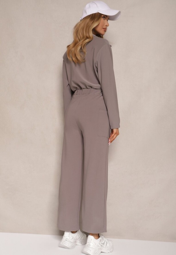 Szary Kombinezon z Elastyczną Gumką w Pasie z Dodatkowym Wiązaniem o Luźnym Kroju Creera