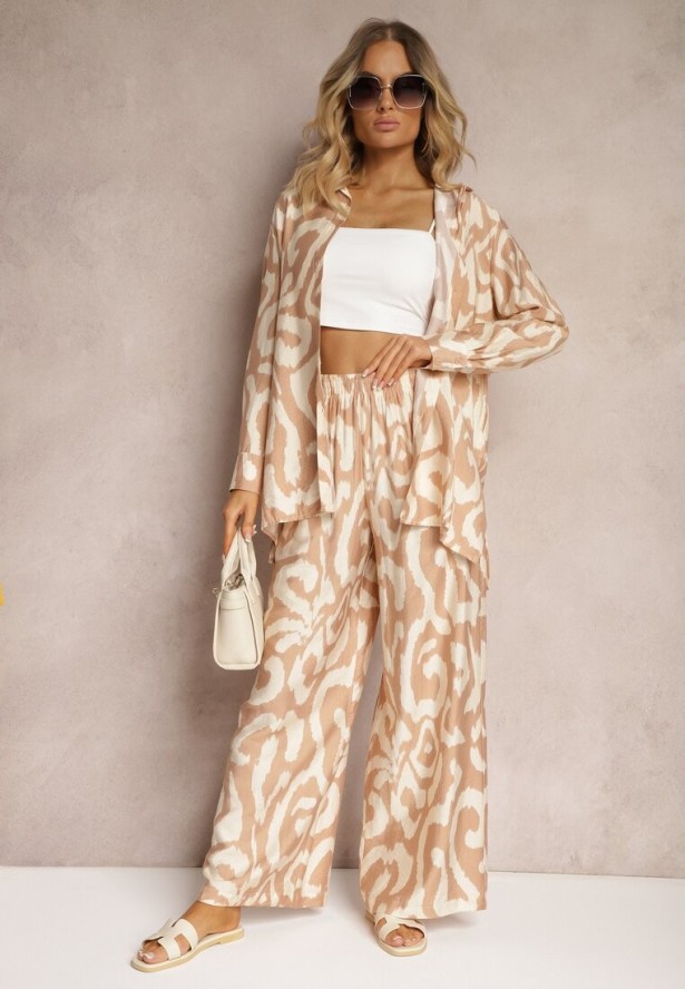 Beżowy Wiskozowy Komplet 2-Częściowy Luźna Koszula Spodnie z Gumką i Szerokimi Nogawkami Melvima