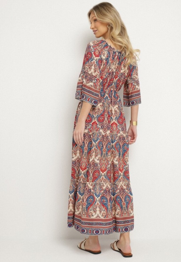 Czerwona Rozkloszowana Sukienka Bawełniana we Wzór Paisley z Chwostami Elliassa