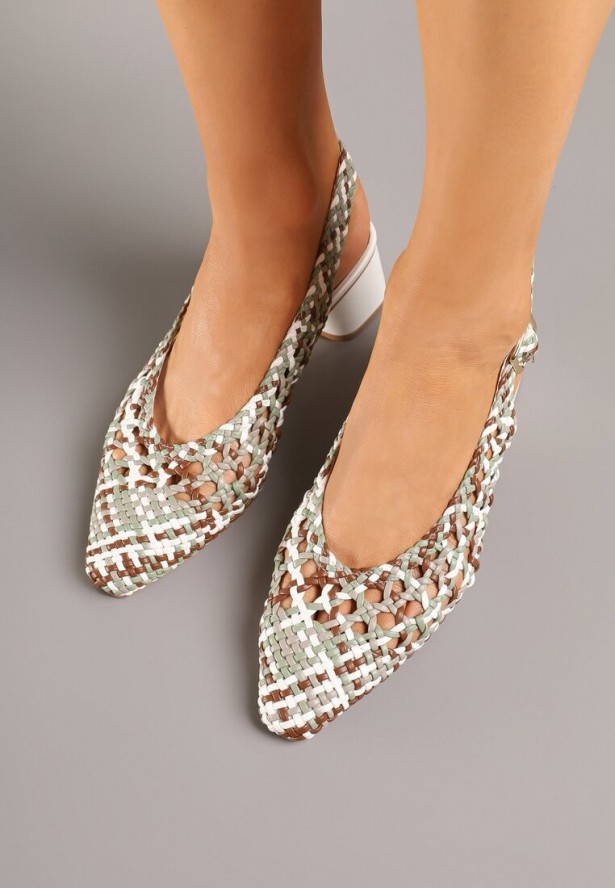 Brązowo-Białe Sandały na Obcasie Bez Pięty z Szydełkową Cholewką Linalea