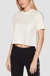GUESS Kremowy bawełniany t-shirt damski Adele Crop, Rozmiar XL