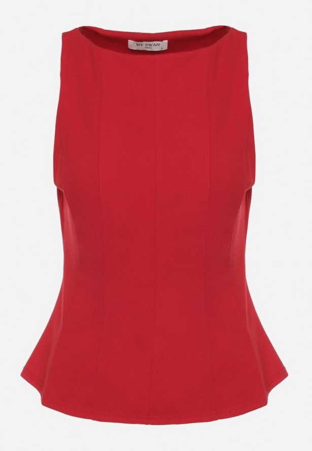 Czerwona Bluzka z Wiskozą Bez Rękawów z Baskinką Linareia