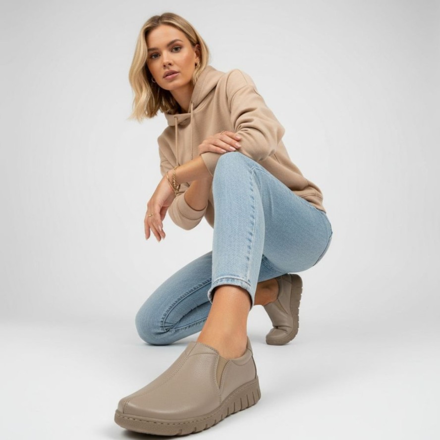 Beżowe Półbuty Wasak Skórzane Buty Damskie