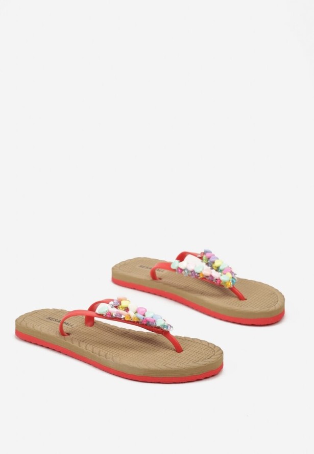 Czerwone Japonki na Płaskiej Podeszwie z Ozdobnymi Koralikami Elenwe