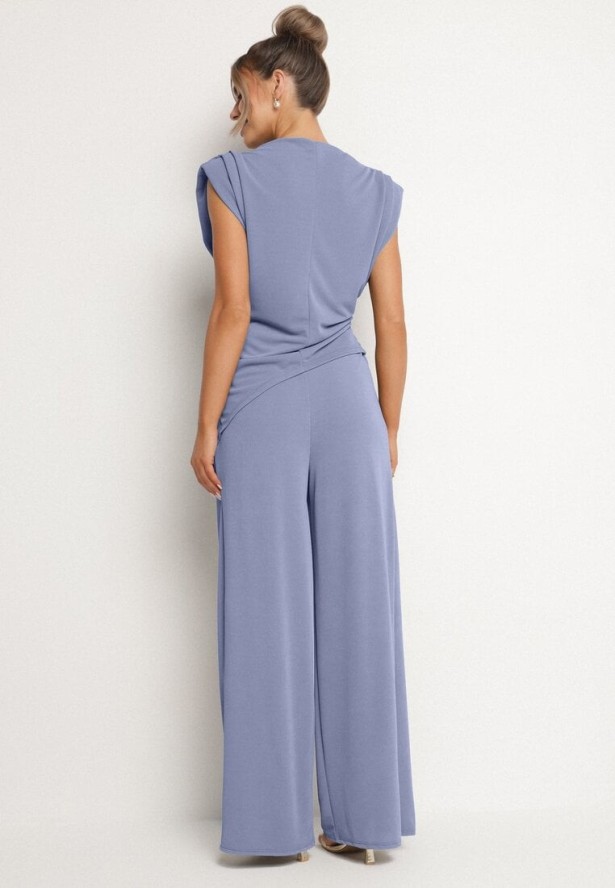 Niebieski Komplet Bluzka z Zaznaczonymi Ramionami i Spodnie Szerokie na Gumce Divaires