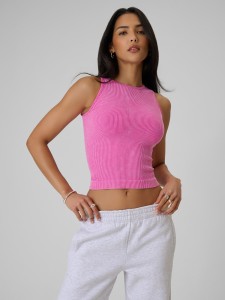 4F Top slim z prążkowanej dzianiny damski - różowy M/L