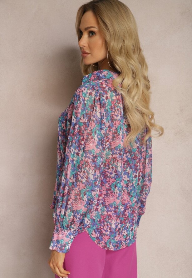Niebiesko-Różowa Koszula z Bufiastymi Rękawami z Kwiatowym Printem Paedria
