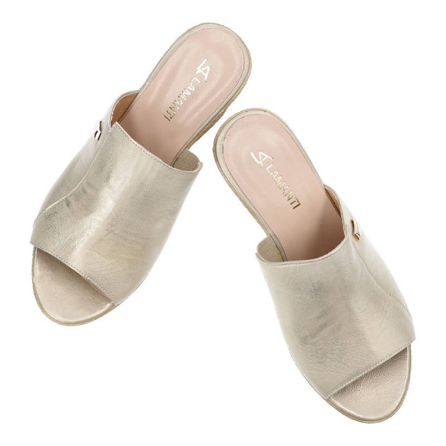 Złote Klapki Lamanti Skórzane Buty Damskie