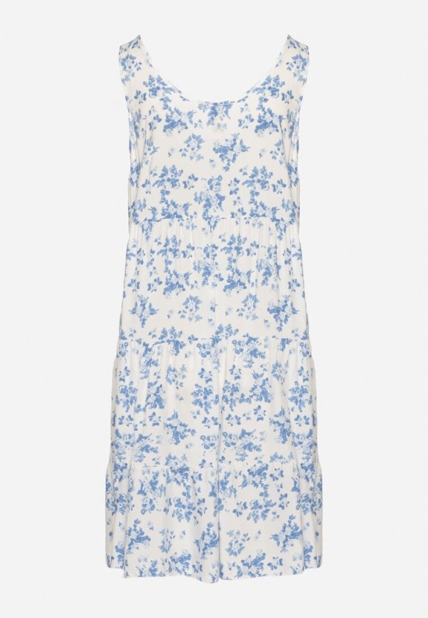 Biało-Niebieska Rozkloszowana Sukienka z Bawełny z Kwiatowym Wzorem Anniviana