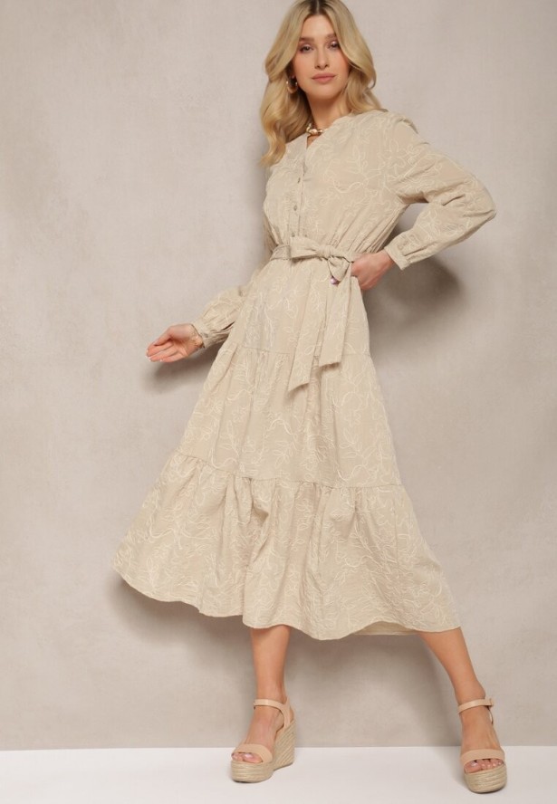 Beżowa Sukienka z Falbankami Gumką w Talii i Wiązanym Paskiem Obinella