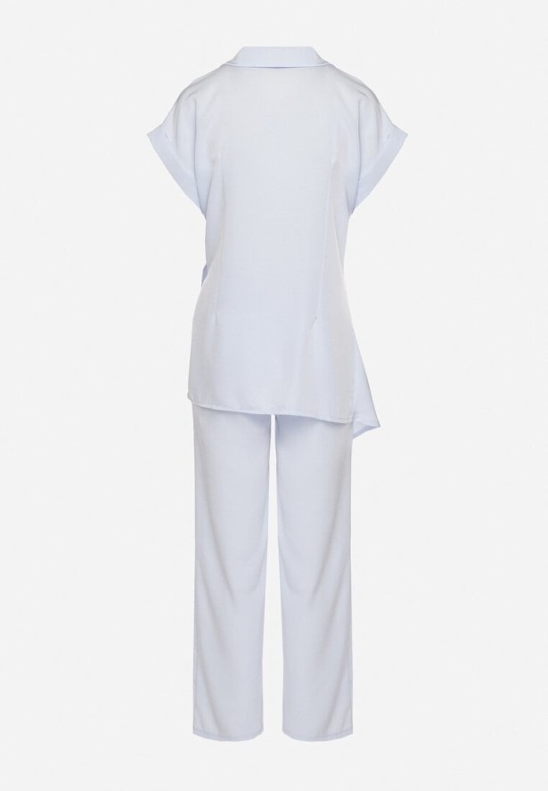Niebieski Komplet Koszula z Asymetrycznym Wiązaniem i Szerokie Spodnie Filivara