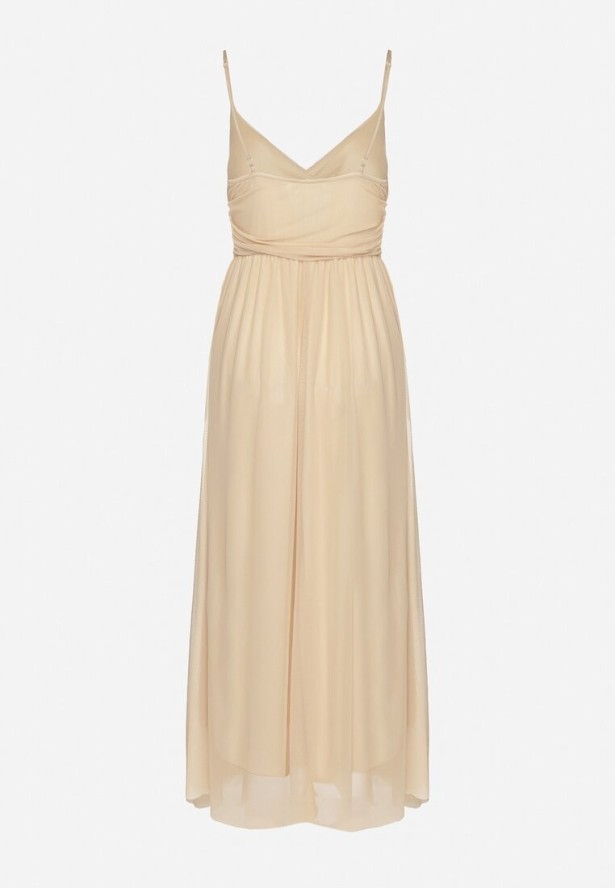 Beżowa Sukienka Koktajlowa z Tiulową Siateczką Devinae