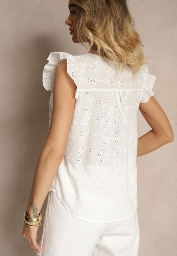 Biała Ażurowa Bluzka z Bawełny Ozdobiona Falbankami Ridilane