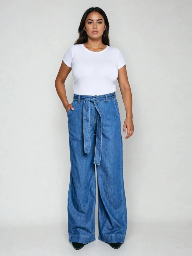 Jeansy damskie wide z paskiem granatowe Julii 398