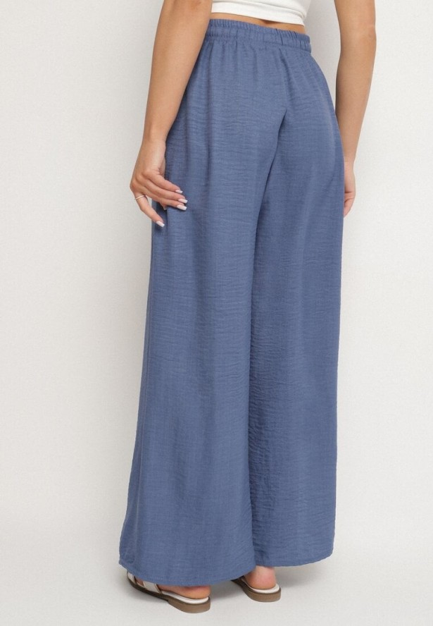 Granatowe Szerokie Spodnie z Bawełny Ozdobione Wiązaniem Evipolli