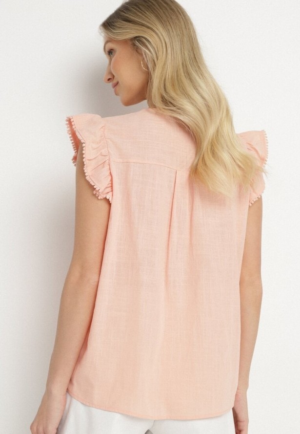 Różowa Bawełniana Bluzka Zdobiona Haftem i Falbanką Taloretia