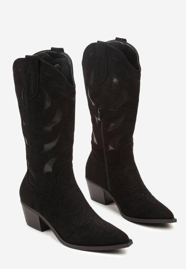 Czarne Botki Kowbojki na Stożkowym Obcasie z Geometrycznym Wzorem Lativia