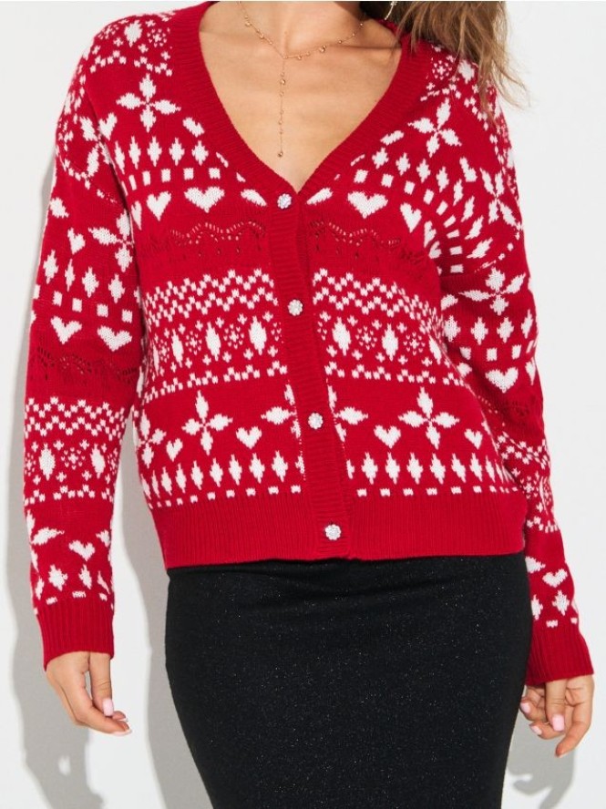 Świąteczny kardigan z sercami i zimowym deseniem - wielobarwny
