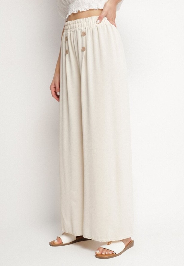 Jasnobeżowe Szerokie Spodnie z Bawełną Wysokim Stanem i Guzikami Avelritia