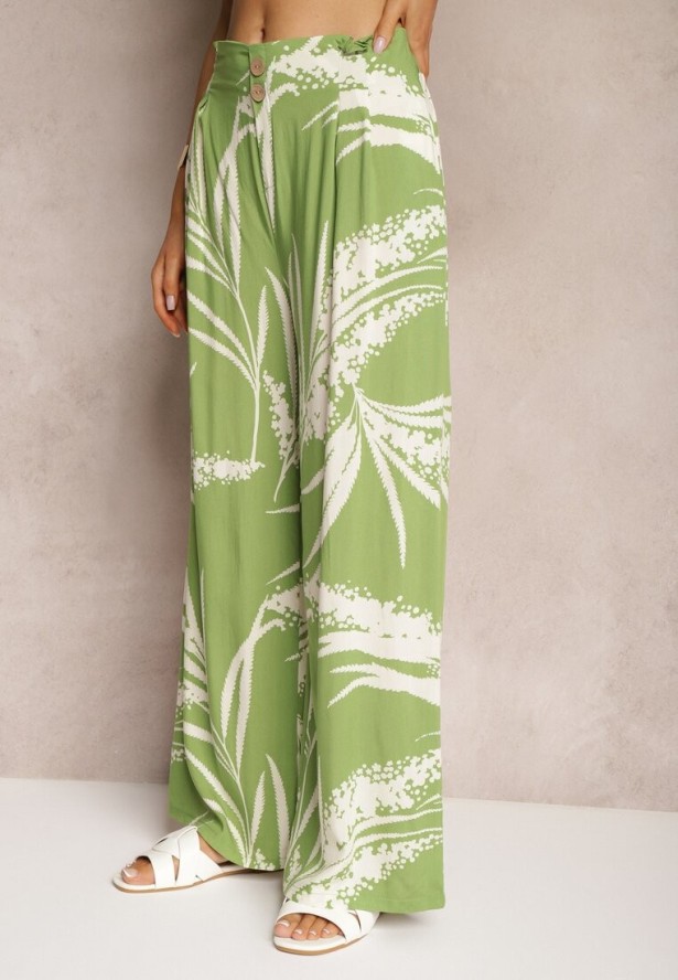 Jasnozielone Szerokie Spodnie z Wiskozy High Waist o Kroju Kulotów z Motywem Liści Vimanelle