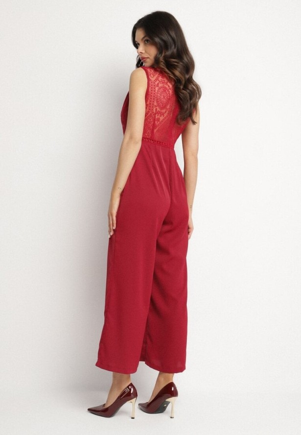 Bordowy Kombinezon Bez Rękawów z Szeroką Nogawką i Siateczkowymi Zdobieniami Nalavie