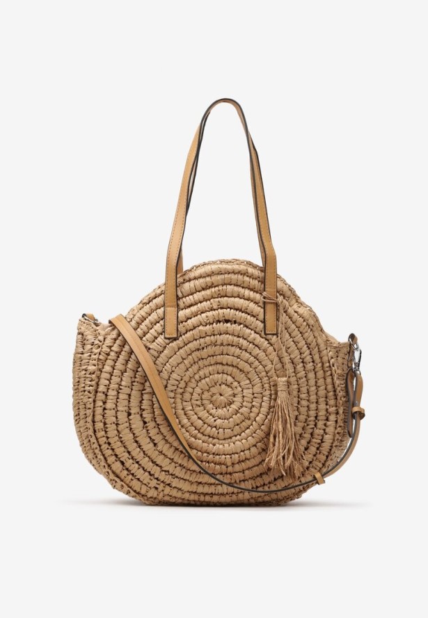 Beżowa Pleciona Okrągła Torebka Shopperka z Długimi Rączkami i Paskiem Acelema