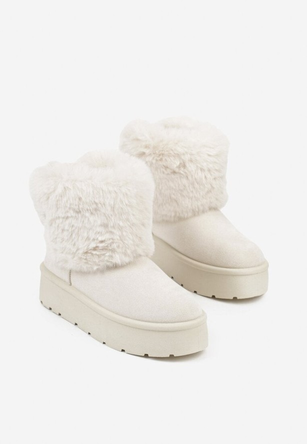 Beżowe Śniegowce z Cholewką za Kostkę Ocieplane z Futerkiem i Małą Kokardą Reinedia