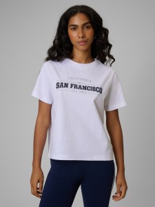 4F T-shirt boxy z nadrukiem damski - biały M