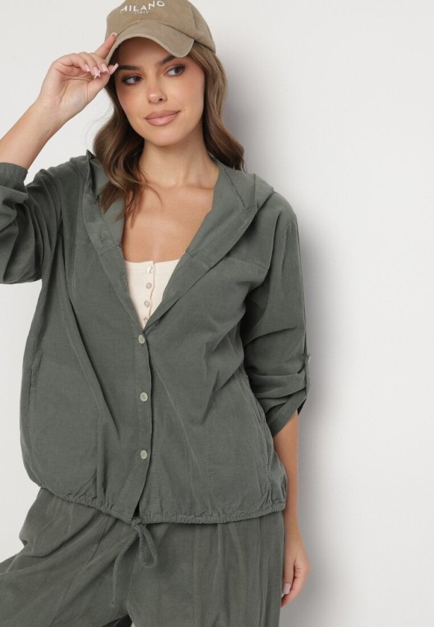 Ciemnozielona Bawełniana Koszula z Kapturem Ściągana w Pasie Felewen