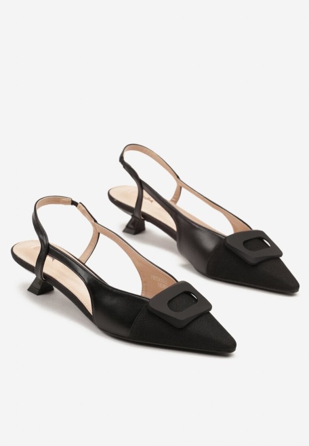 Czarne Sandały na Obcas Typu Kaczuszka z Geometryczną Ozdobą Tillio