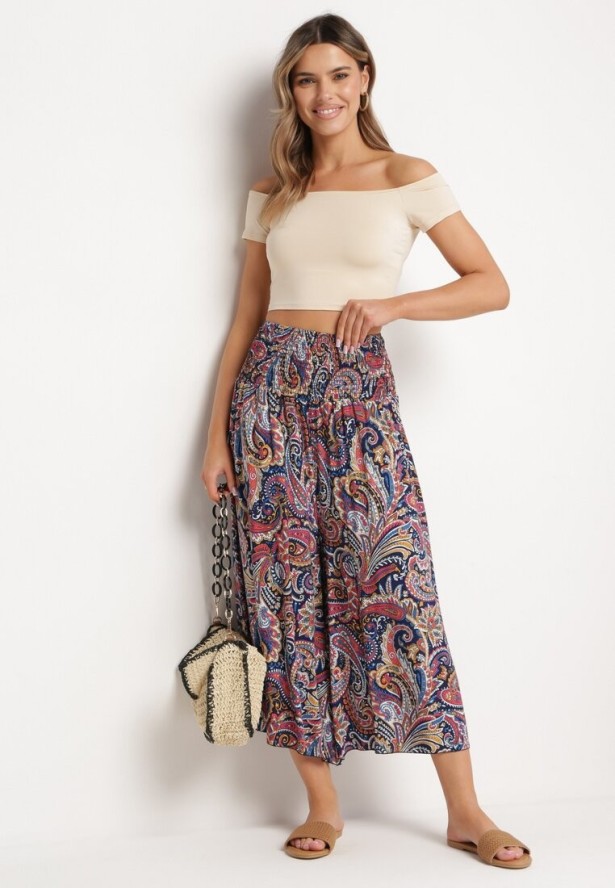 Granatowe Bawełniane Spodnie Kuloty z Wzorem Paisley Tarrisa