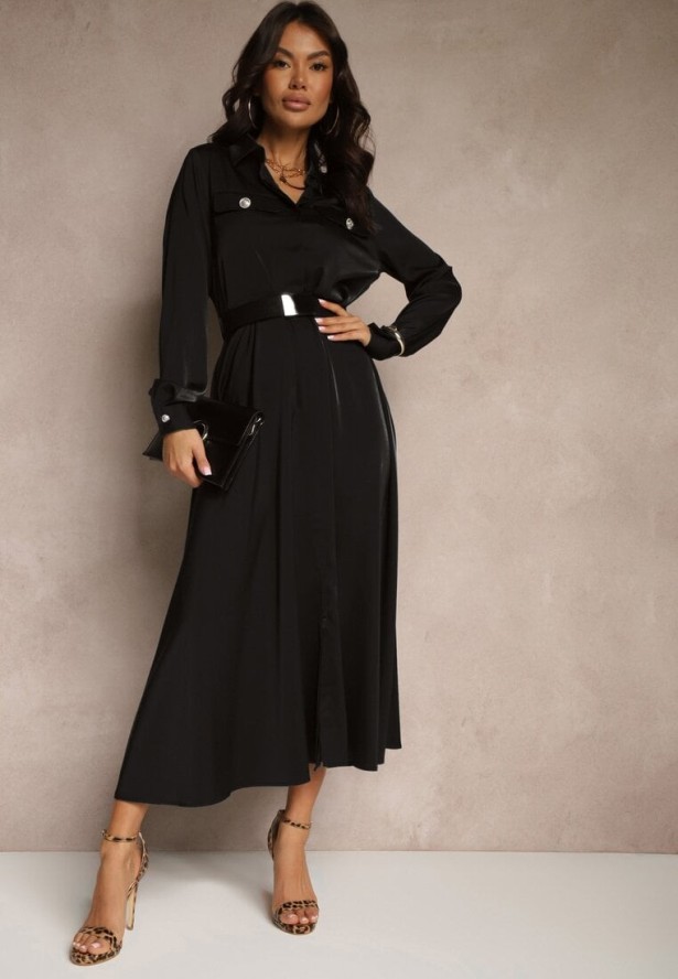 Czarna Satynowa Sukienka w Stylu Szmizjerki z Imitacjami Kieszeni i Paskiem Vaminay