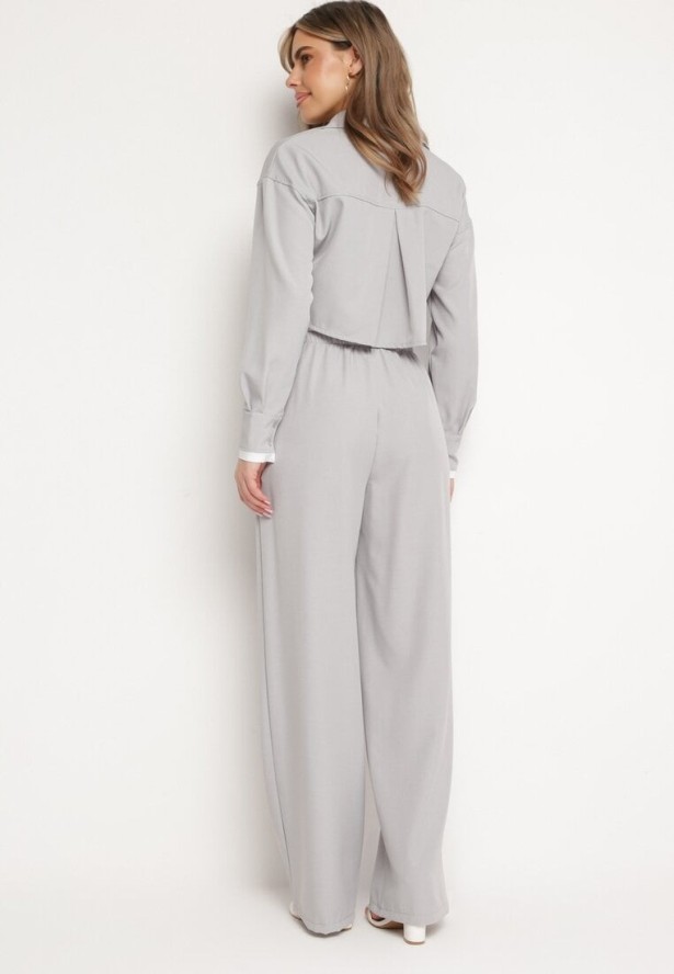 Szary Komplet w Stylu Utility Krótka Koszula i Szerokie Spodnie z Gumką w Pasie Lysianne