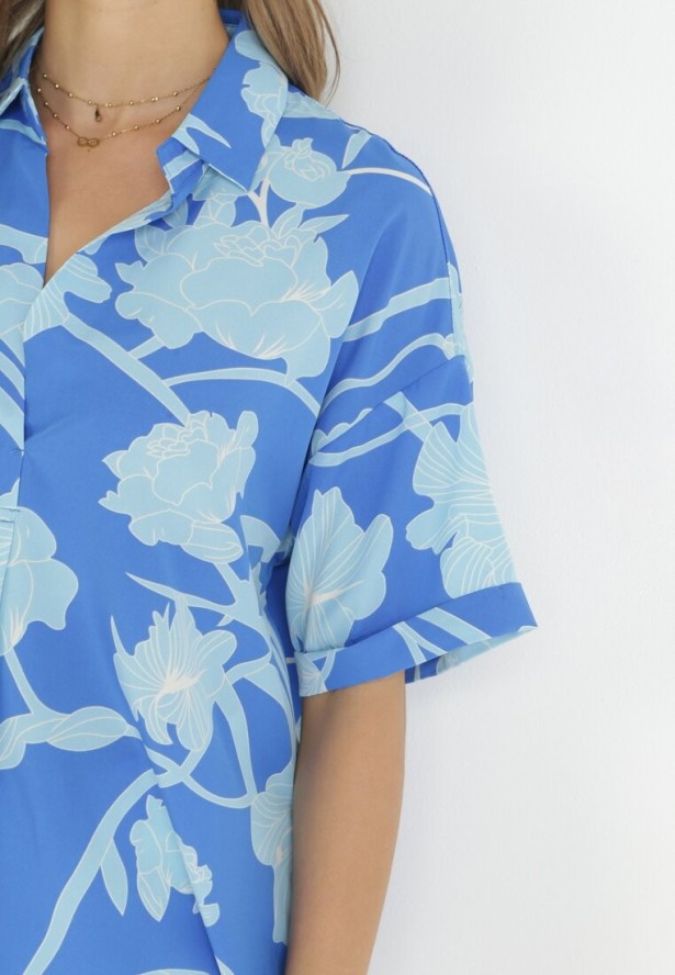 Niebieska Bluzka z Krótkimi Rękawami w Kwiaty Selenes