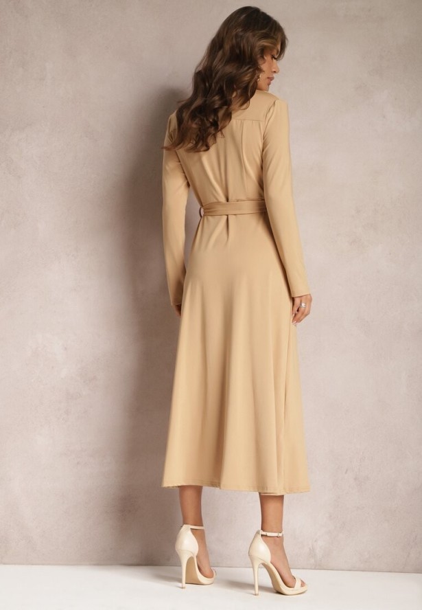 Beżowa Długa Sukienka Koszulowa z Wiązaniem w Talii Levae