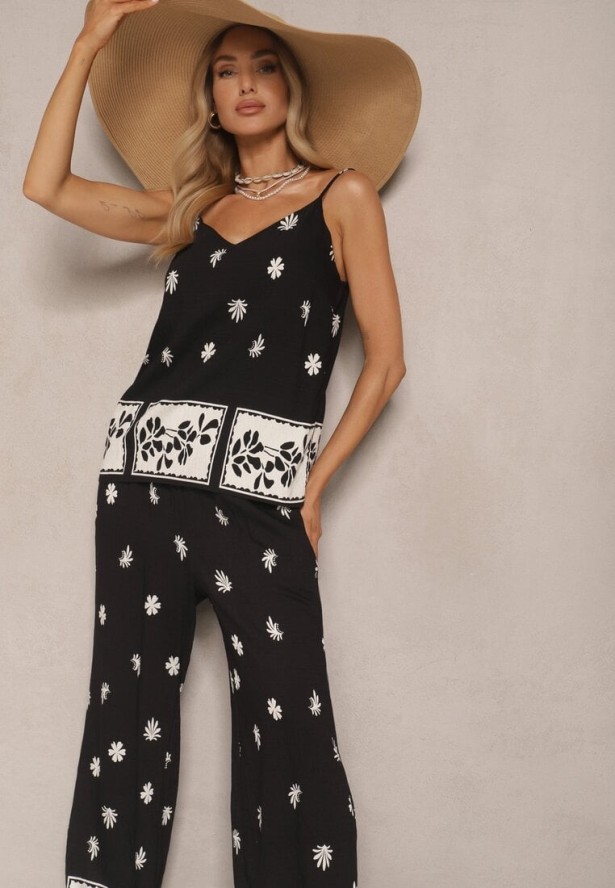 Czarny Kwiatowy Komplet z Wiskozy Spodnie i Koszulka na Ramiączkach Beldisa