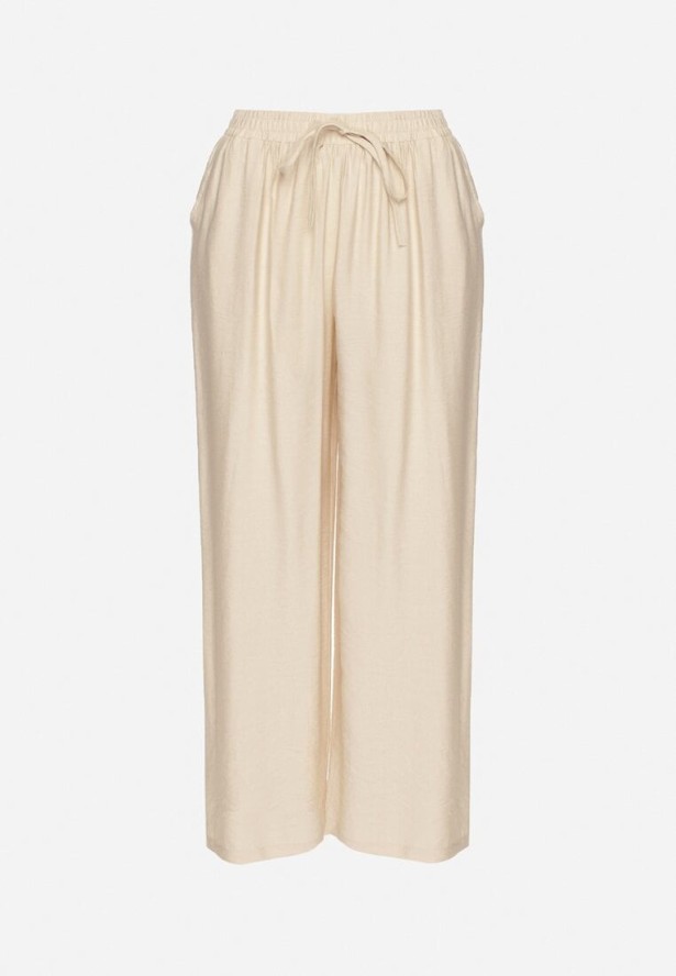 Beżowe Szerokie Spodnie z Wysokim Stanem Ozdobione Sznurkiem Fenaris