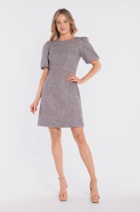 Elegancka sukienka koktajlowa z bufiastymi rękawami szara