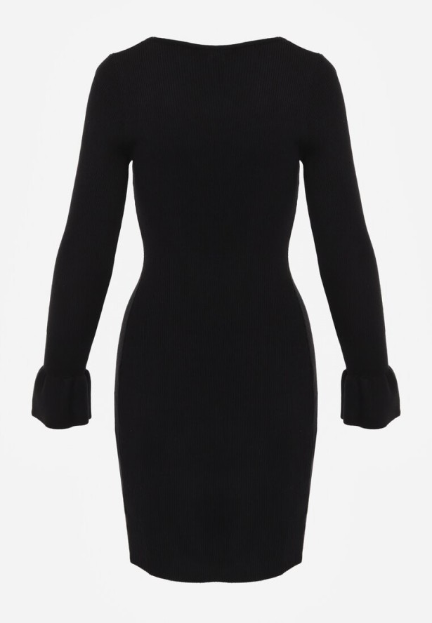 Czarna Wiskozowa Prążkowana Sukienka Bodycon Ozdobiona Wycięciem i Guzikami Nevelaura