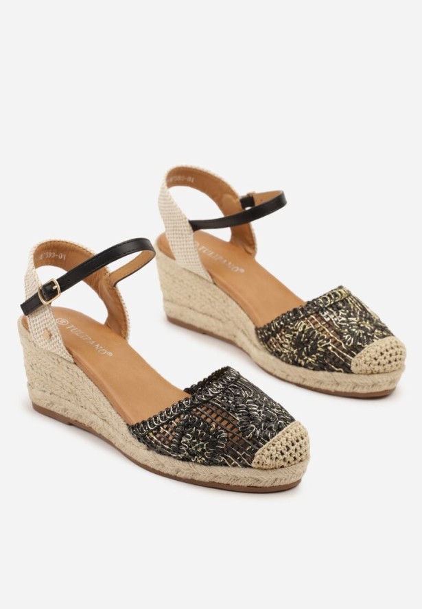 Czarne Ażurowe Sandały w Stylu Boho na Koturnie z Plecionki Tenalisea