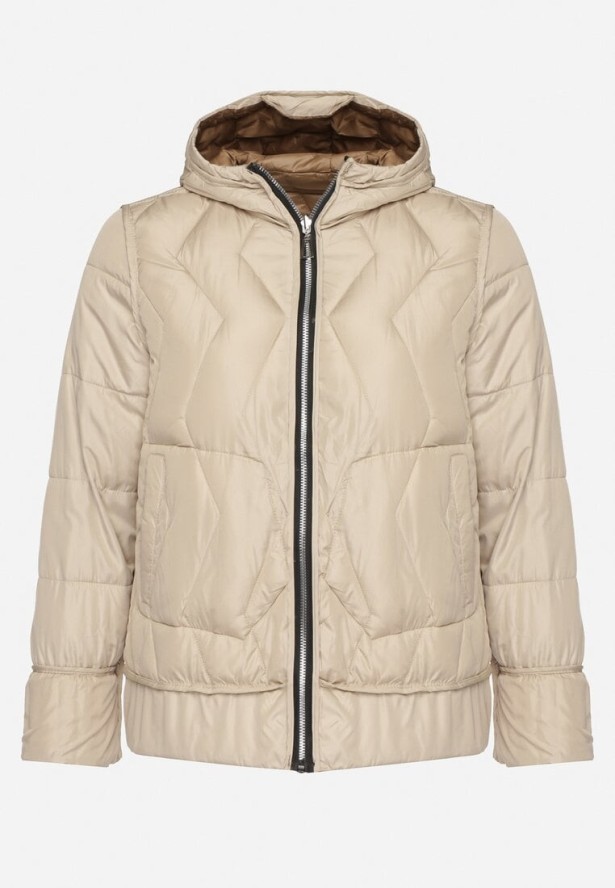 Ciemnobeżowa Kurtka Dwustronna z Kapturem i Ozdobnym Pikowaniem Helritis